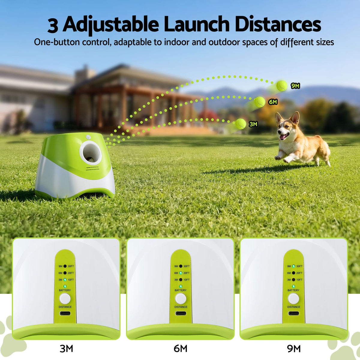 Alona.com.au Pet Care > Toys > Dog Toys i.Pet Dog Ball Launcher Thrower with 6 Balls & 3/6/9m Launch Distances Green