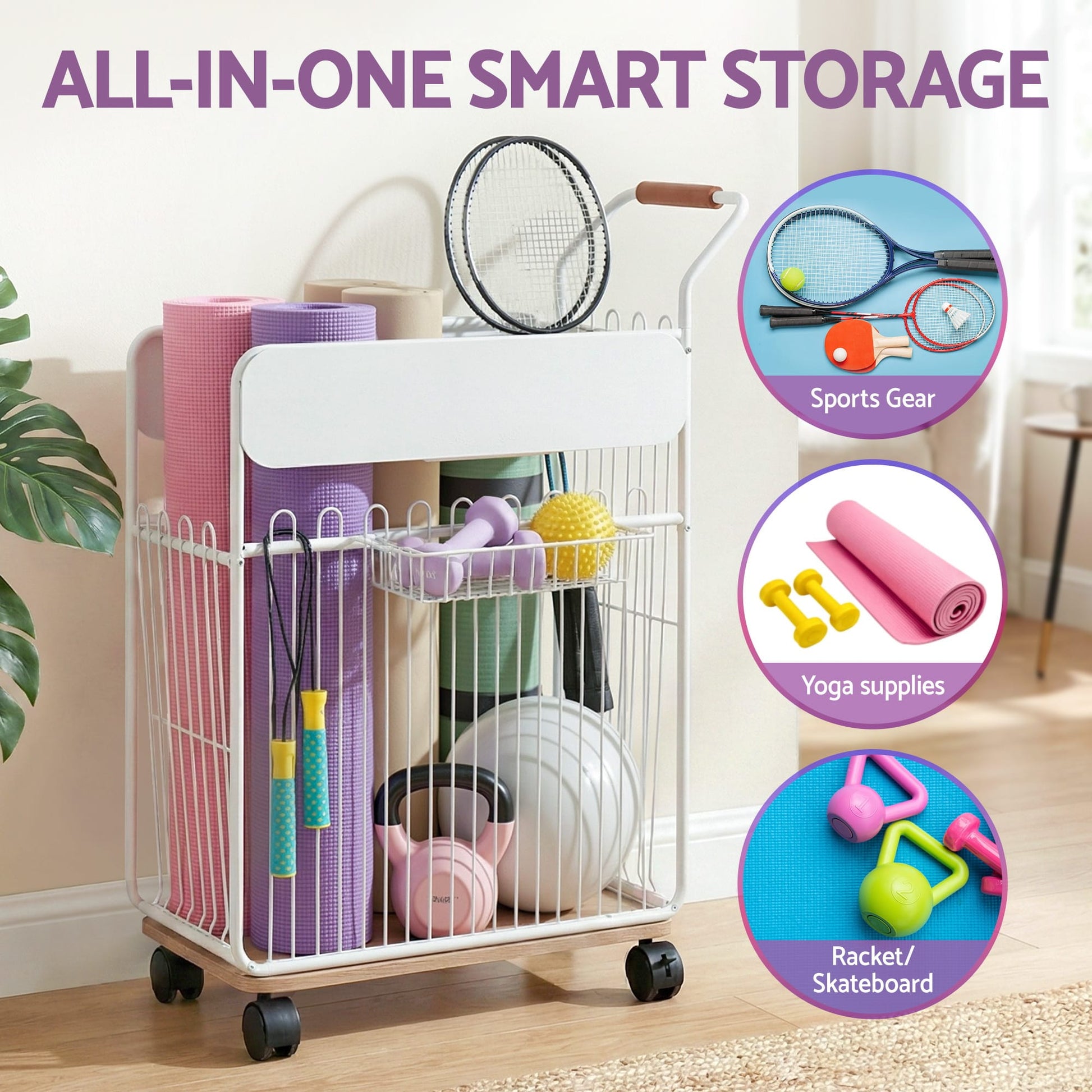 Alona.com.au Sports & Fitness > Ball Sports > Basketball & Basketball Accessories Everfit Yoga Mat Storage Rack Mobile Holder with Wheels Basket Home Gym Storage Organizer White