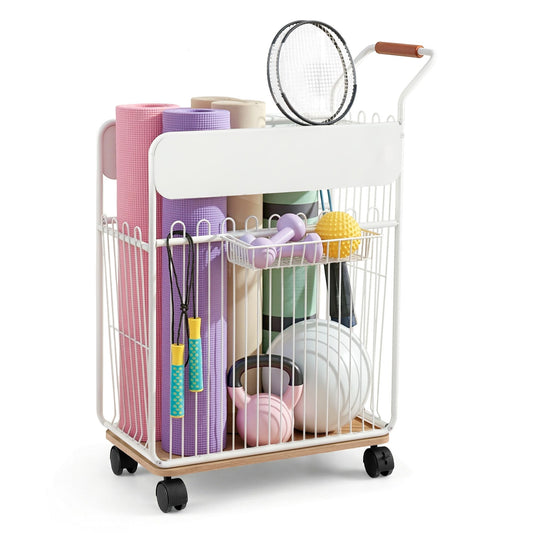 Alona.com.au Sports & Fitness > Ball Sports > Basketball & Basketball Accessories Everfit Yoga Mat Storage Rack Mobile Holder with Wheels Basket Home Gym Storage Organizer White
