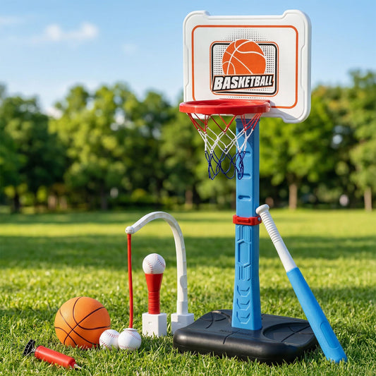 Alona.com.au Sports & Fitness > Ball Sports > Basketball & Basketball Accessories Keezi Kids Basketball Hoop Stand Baseball Set Adjustable Height Sports Toys Blue