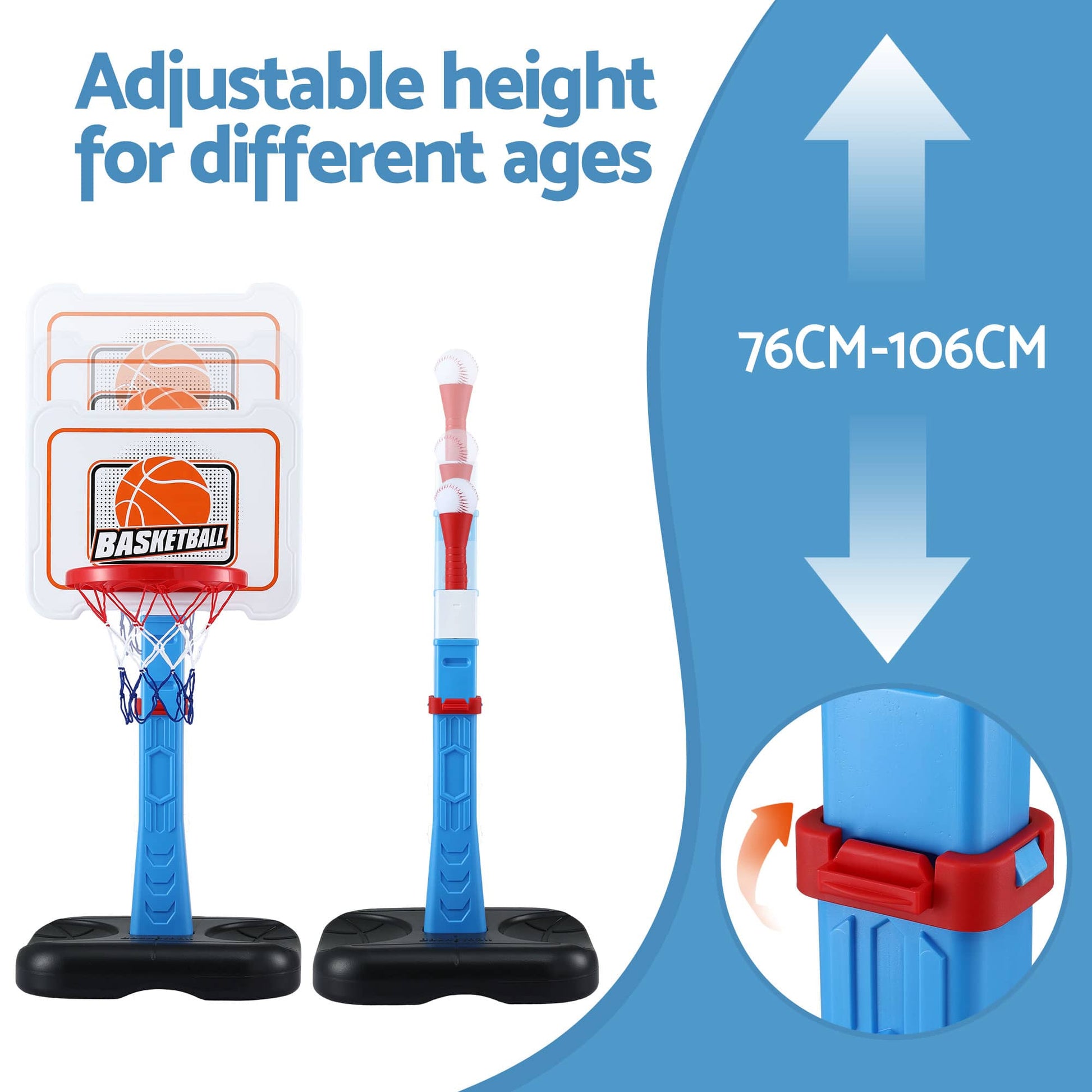 Alona.com.au Sports & Fitness > Ball Sports > Basketball & Basketball Accessories Keezi Kids Basketball Hoop Stand Baseball Set Adjustable Height Sports Toys Blue