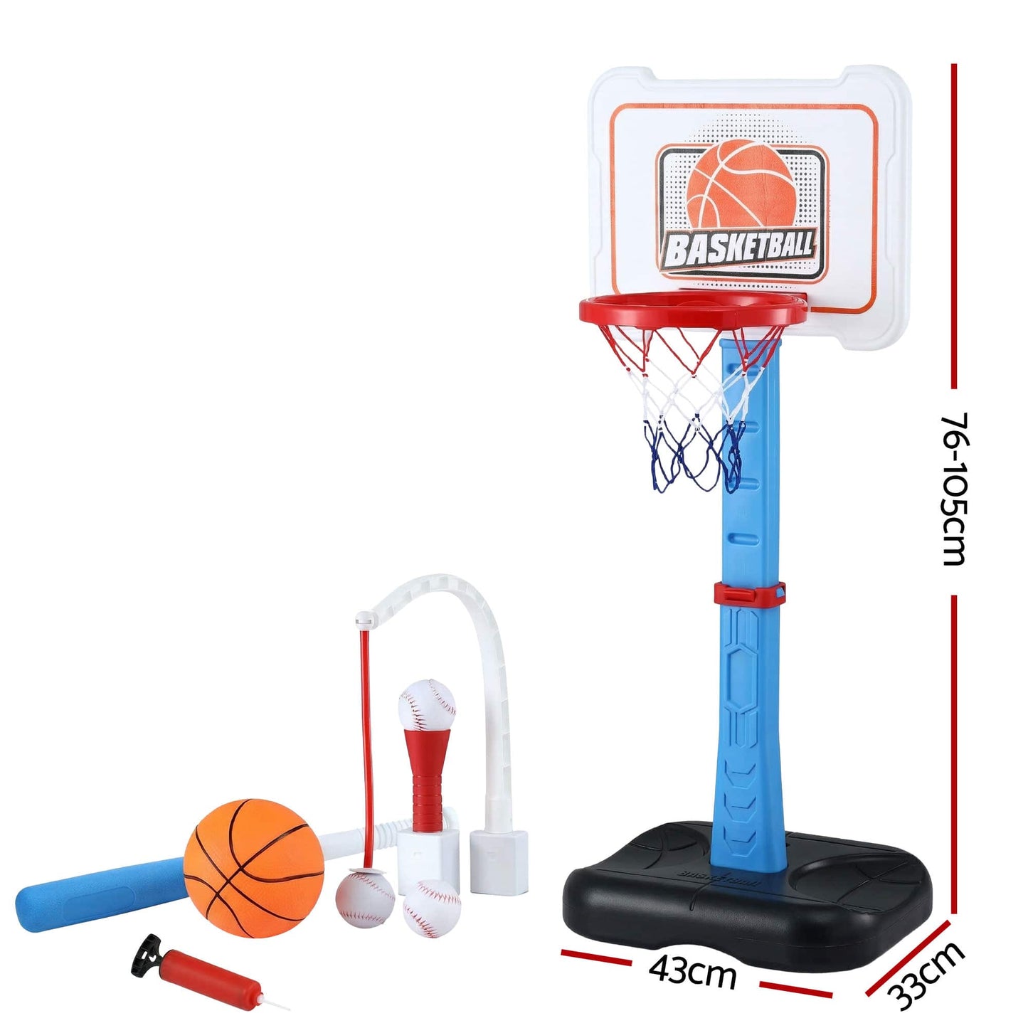 Alona.com.au Sports & Fitness > Ball Sports > Basketball & Basketball Accessories Keezi Kids Basketball Hoop Stand Baseball Set Adjustable Height Sports Toys Blue