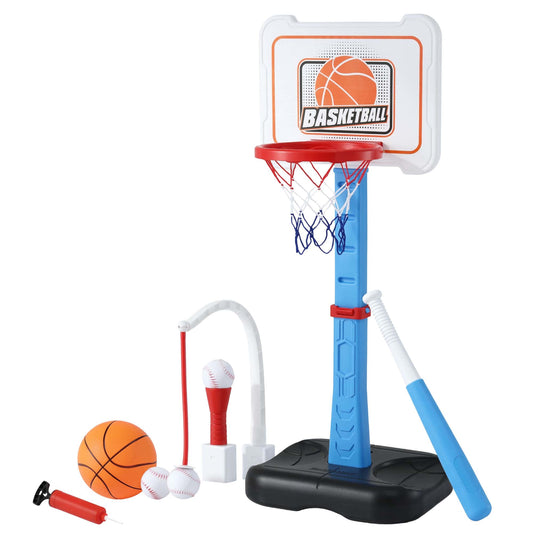 Alona.com.au Sports & Fitness > Ball Sports > Basketball & Basketball Accessories Keezi Kids Basketball Hoop Stand Baseball Set Adjustable Height Sports Toys Blue