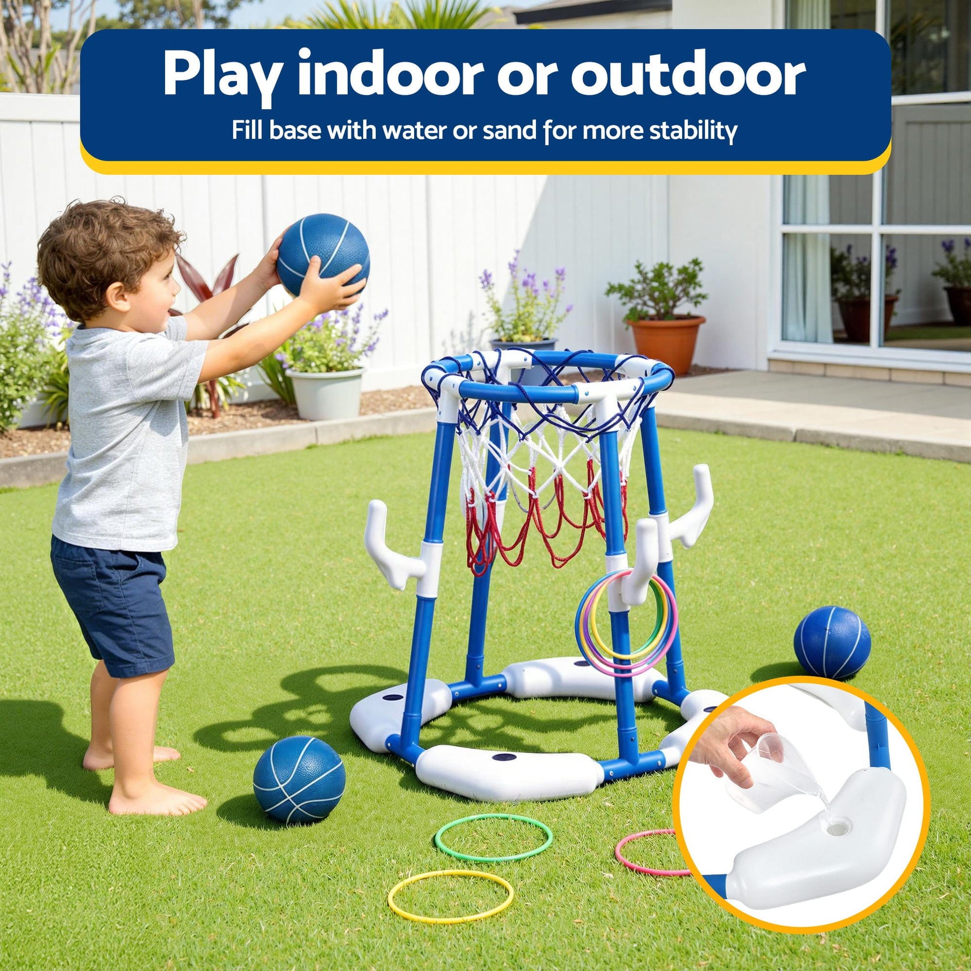 Alona.com.au Sports & Fitness > Ball Sports > Basketball & Basketball Accessories Keezi Kids Basketball Hoop with 4 balls Ring Toss Sports Pool Toys Blue