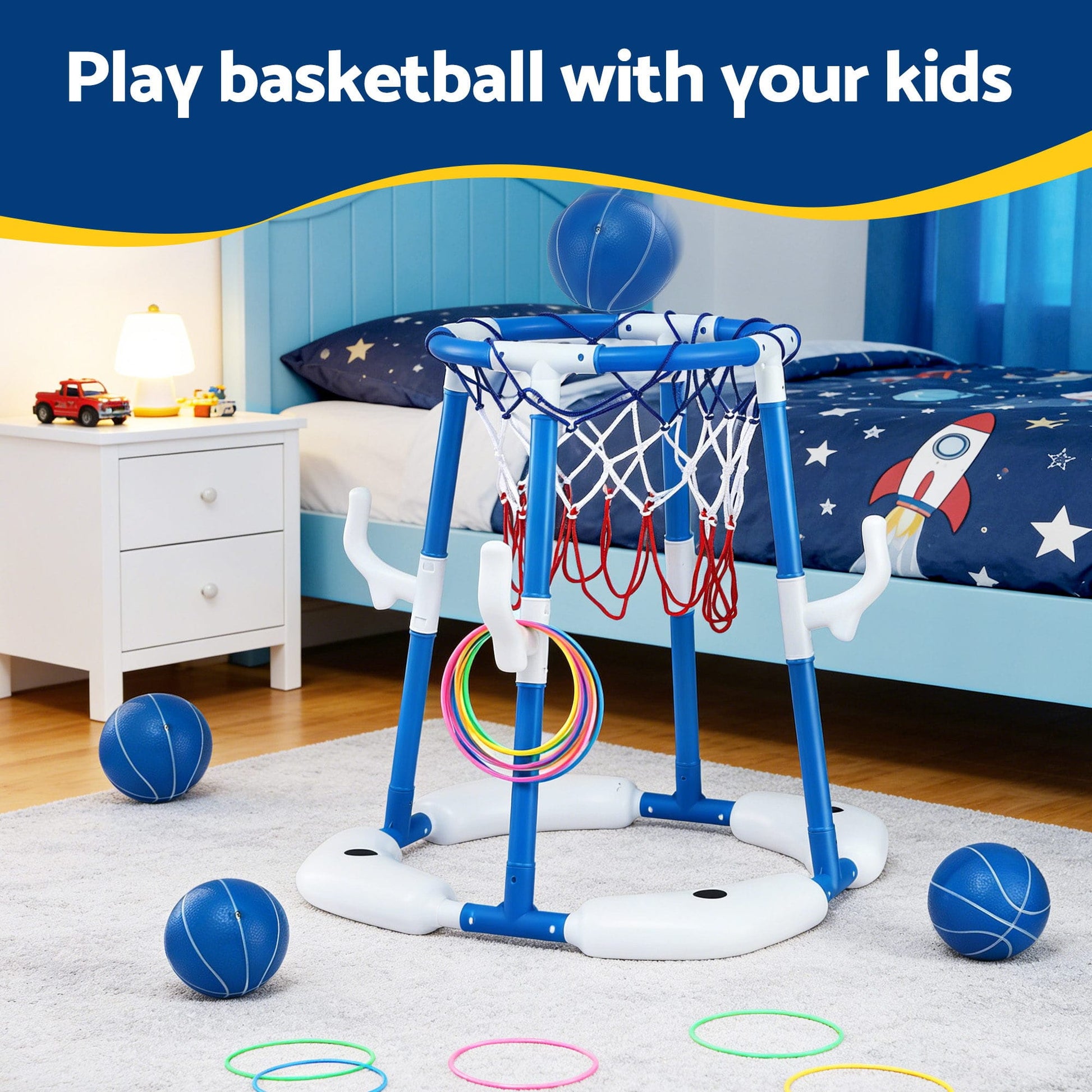 Alona.com.au Sports & Fitness > Ball Sports > Basketball & Basketball Accessories Keezi Kids Basketball Hoop with 4 balls Ring Toss Sports Pool Toys Blue
