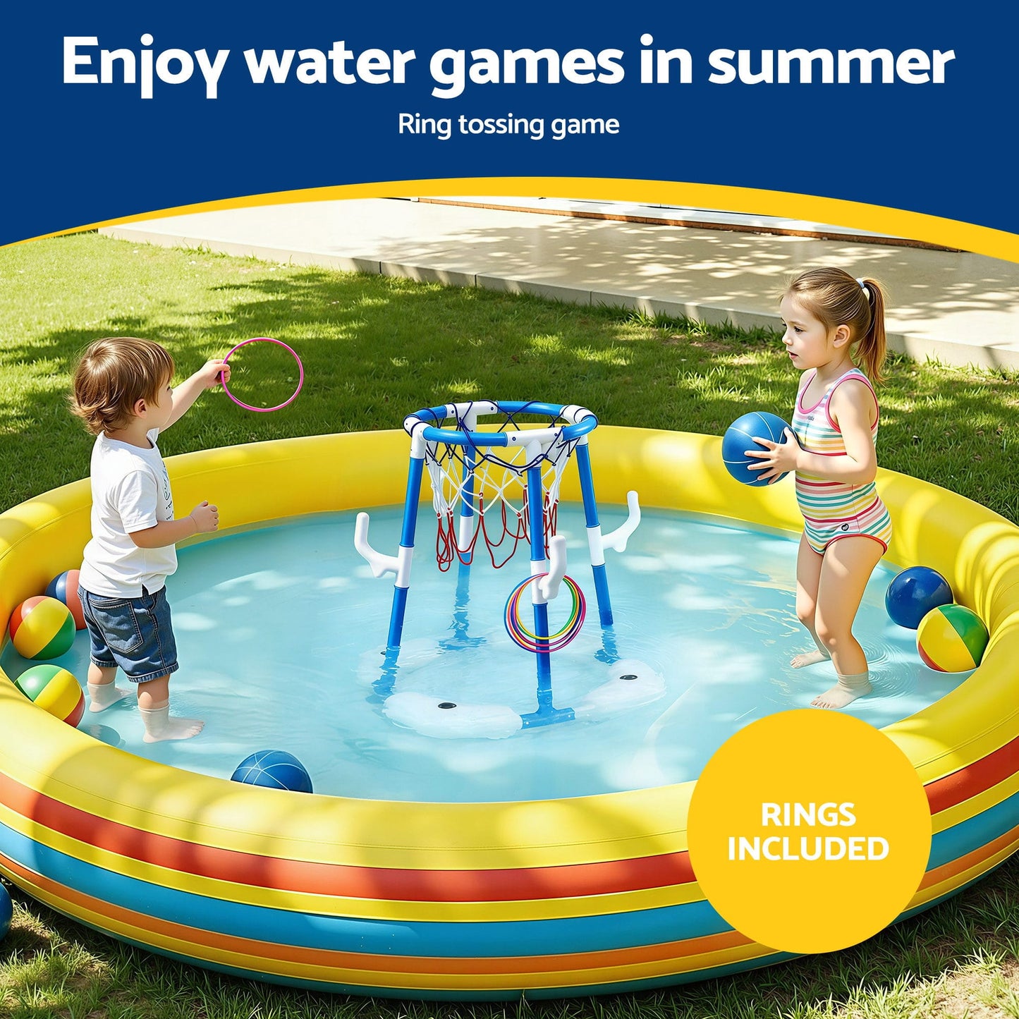 Alona.com.au Sports & Fitness > Ball Sports > Basketball & Basketball Accessories Keezi Kids Basketball Hoop with 4 balls Ring Toss Sports Pool Toys Blue