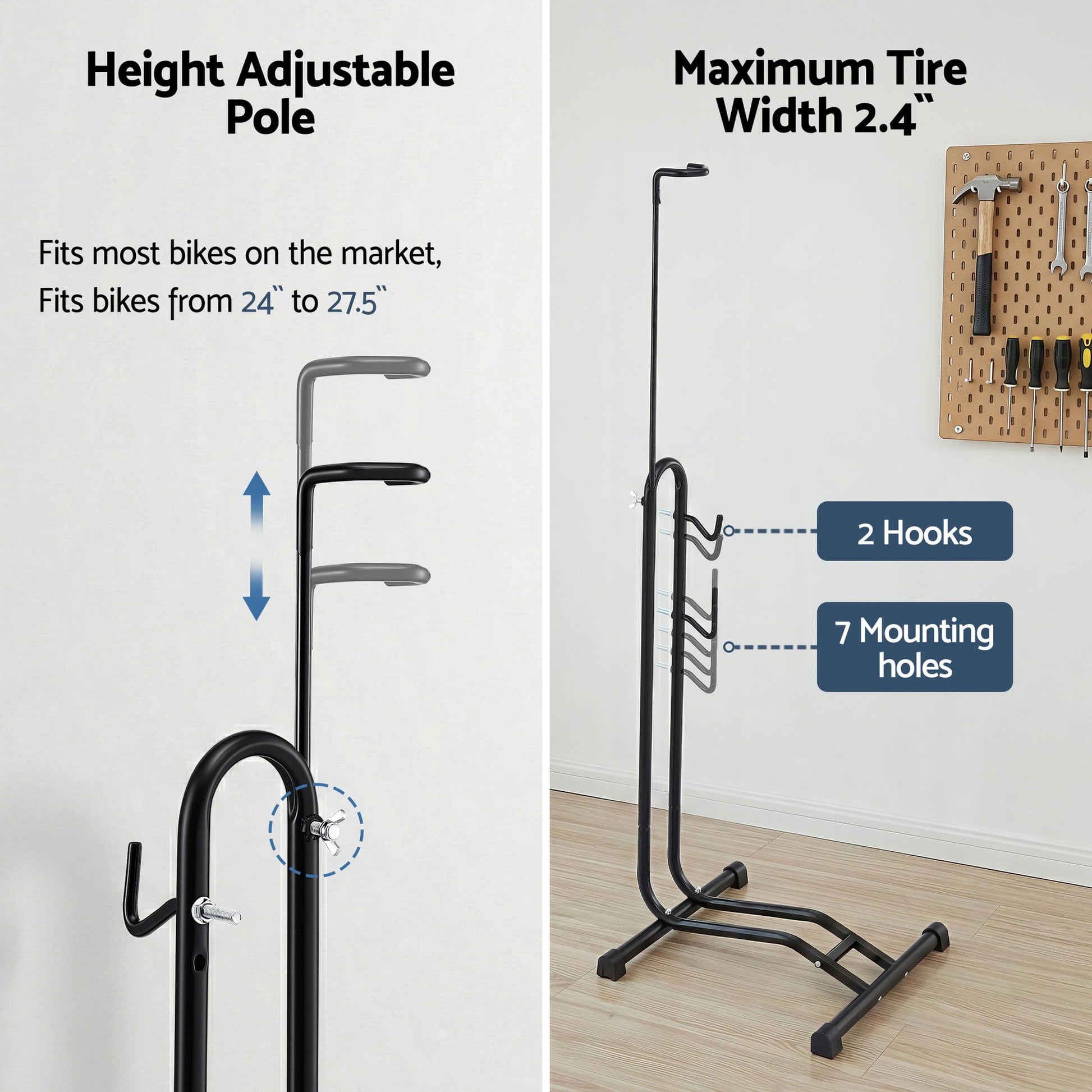 Alona.com.au Sports & Fitness > Bikes & Accessories > Bicycle Stands & Storage Weisshorn 4-in-1 Bike Parking Stand Vertical Floor Storage Rack for 24"-27.5" Bicycles, Adjustable Height Repair Maintenance Stand, Stable Indoor Garage Space Saver with Non-slip Rubber Feet