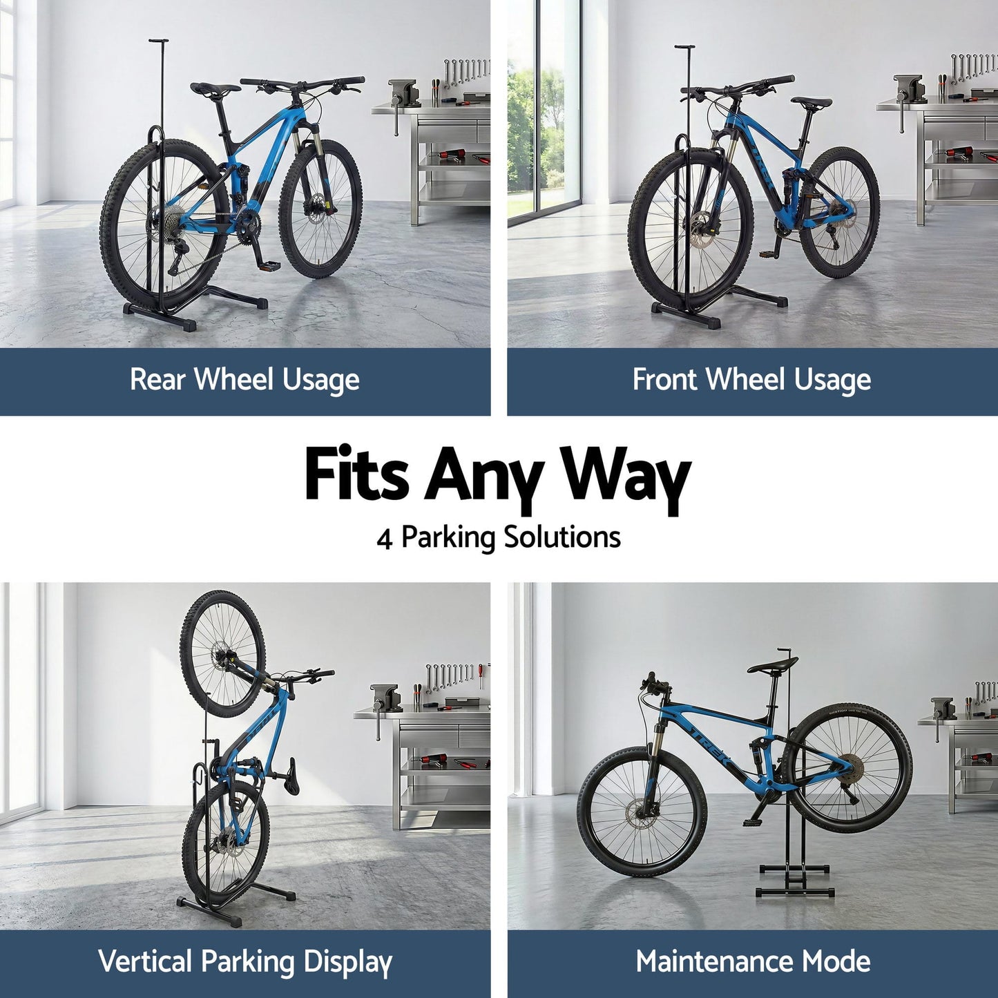 Alona.com.au Sports & Fitness > Bikes & Accessories > Bicycle Stands & Storage Weisshorn 4-in-1 Bike Parking Stand Vertical Floor Storage Rack for 24"-27.5" Bicycles, Adjustable Height Repair Maintenance Stand, Stable Indoor Garage Space Saver with Non-slip Rubber Feet