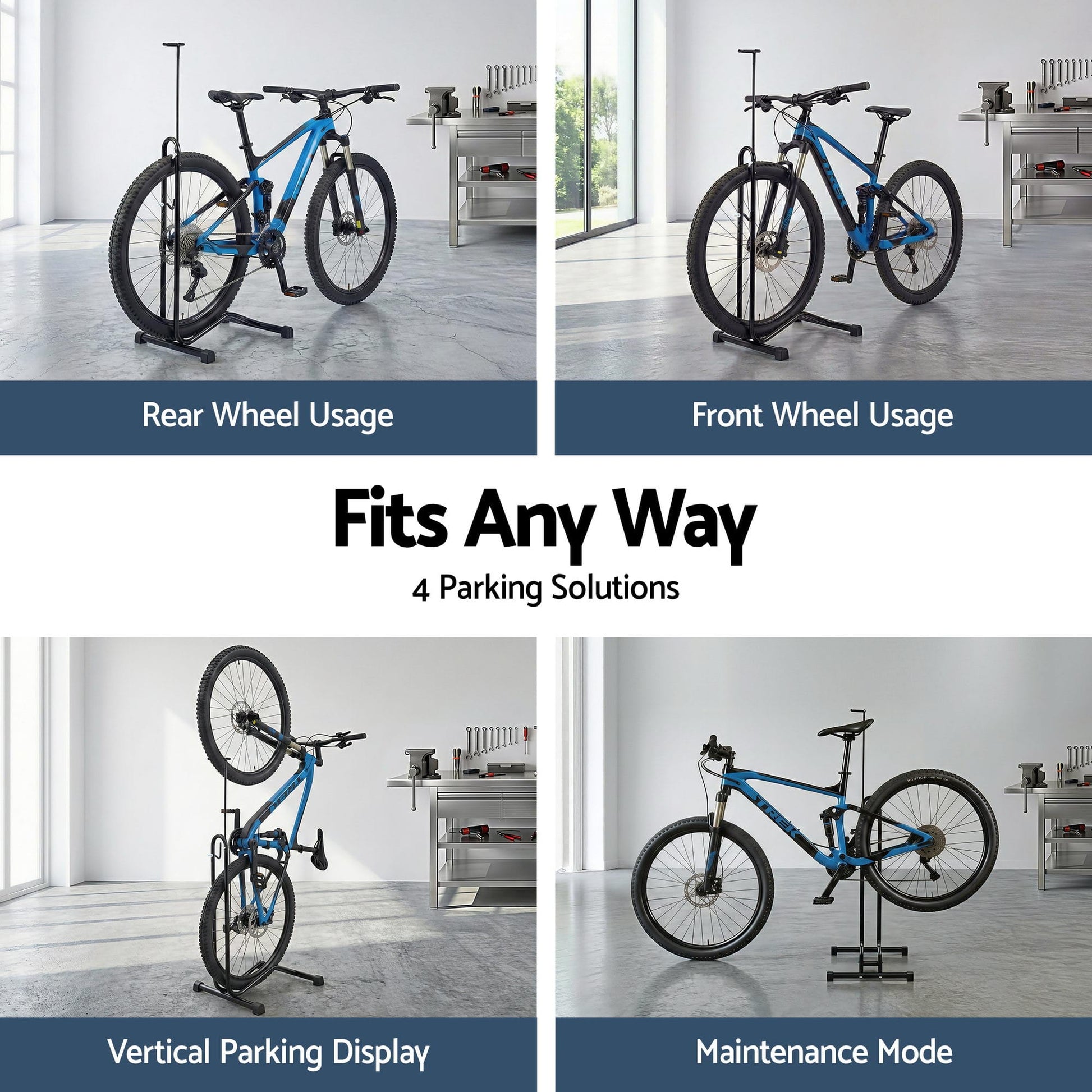 Alona.com.au Sports & Fitness > Bikes & Accessories > Bicycle Stands & Storage Weisshorn 4-in-1 Bike Parking Stand Vertical Floor Storage Rack for 24"-27.5" Bicycles, Adjustable Height Repair Maintenance Stand, Stable Indoor Garage Space Saver with Non-slip Rubber Feet