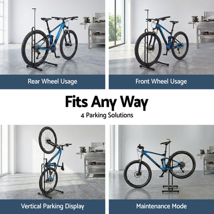 Alona.com.au Sports & Fitness > Bikes & Accessories > Bicycle Stands & Storage Weisshorn 4-in-1 Bike Parking Stand Vertical Floor Storage Rack for 24"-27.5" Bicycles, Adjustable Height Repair Maintenance Stand, Stable Indoor Garage Space Saver with Non-slip Rubber Feet