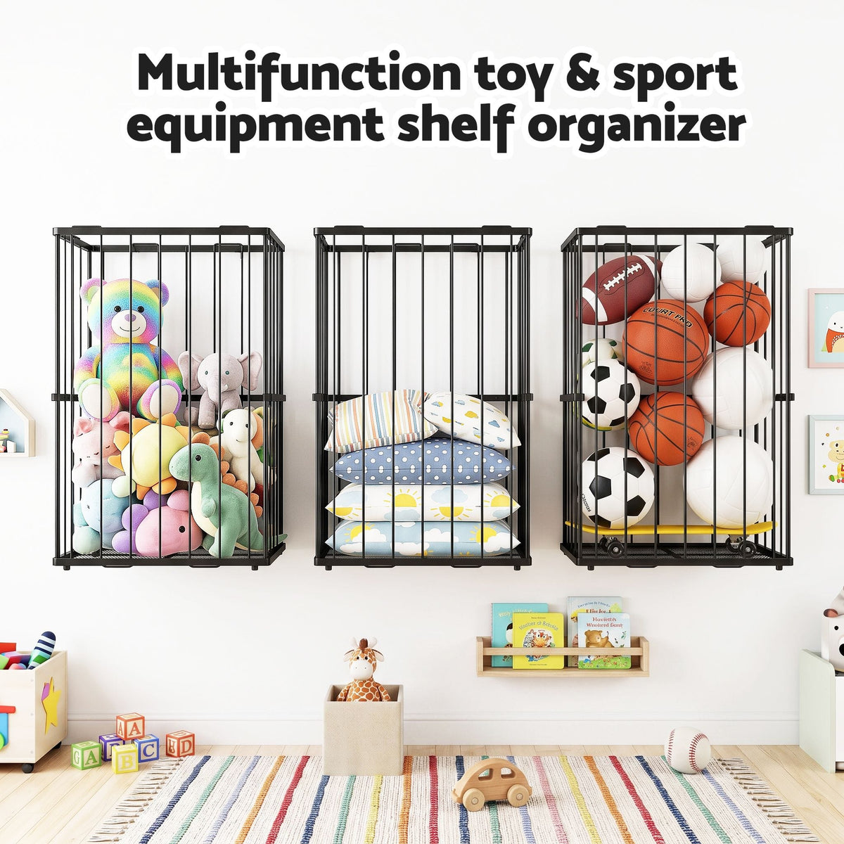 Alona.com.au Sports & Fitness > Exercise, Gym & Fitness > Gym Equipment & Accessories Everfit Ball Storage Rack Elastic Rope Ball Rack Wall Mounted & Floor Organizer