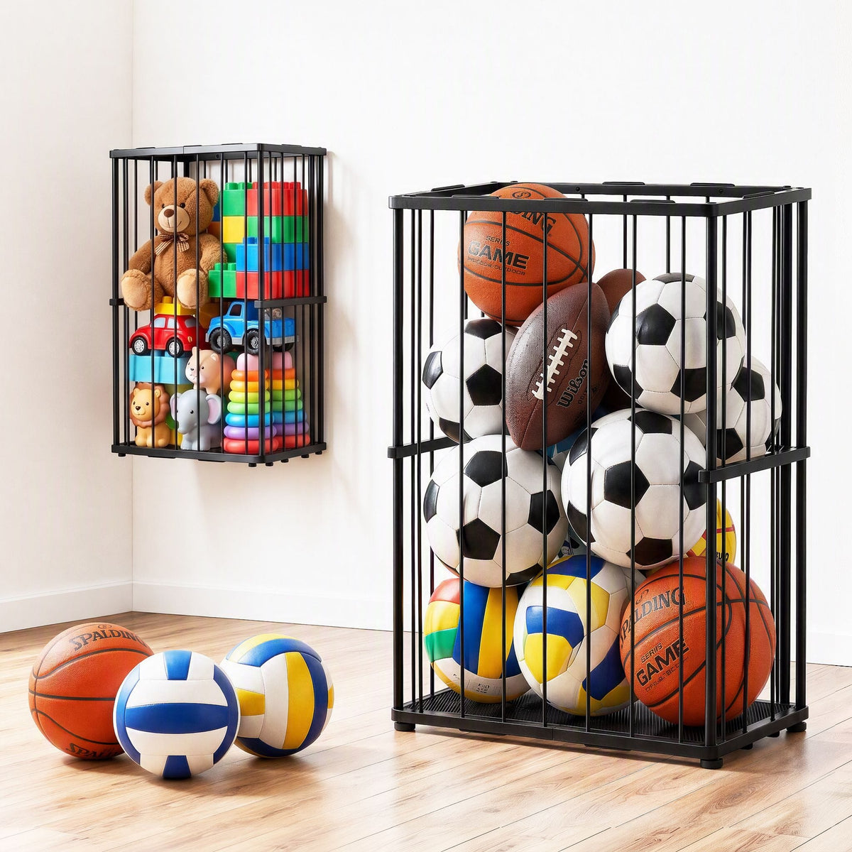 Alona.com.au Sports & Fitness > Exercise, Gym & Fitness > Gym Equipment & Accessories Everfit Ball Storage Rack Elastic Rope Ball Rack Wall Mounted & Floor Organizer