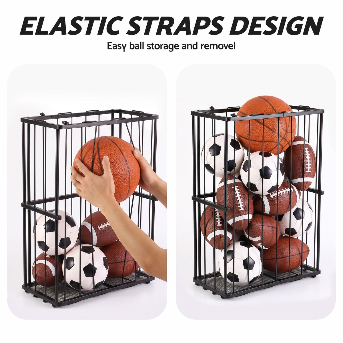 Alona.com.au Sports & Fitness > Exercise, Gym & Fitness > Gym Equipment & Accessories Everfit Ball Storage Rack Elastic Rope Ball Rack Wall Mounted & Floor Organizer