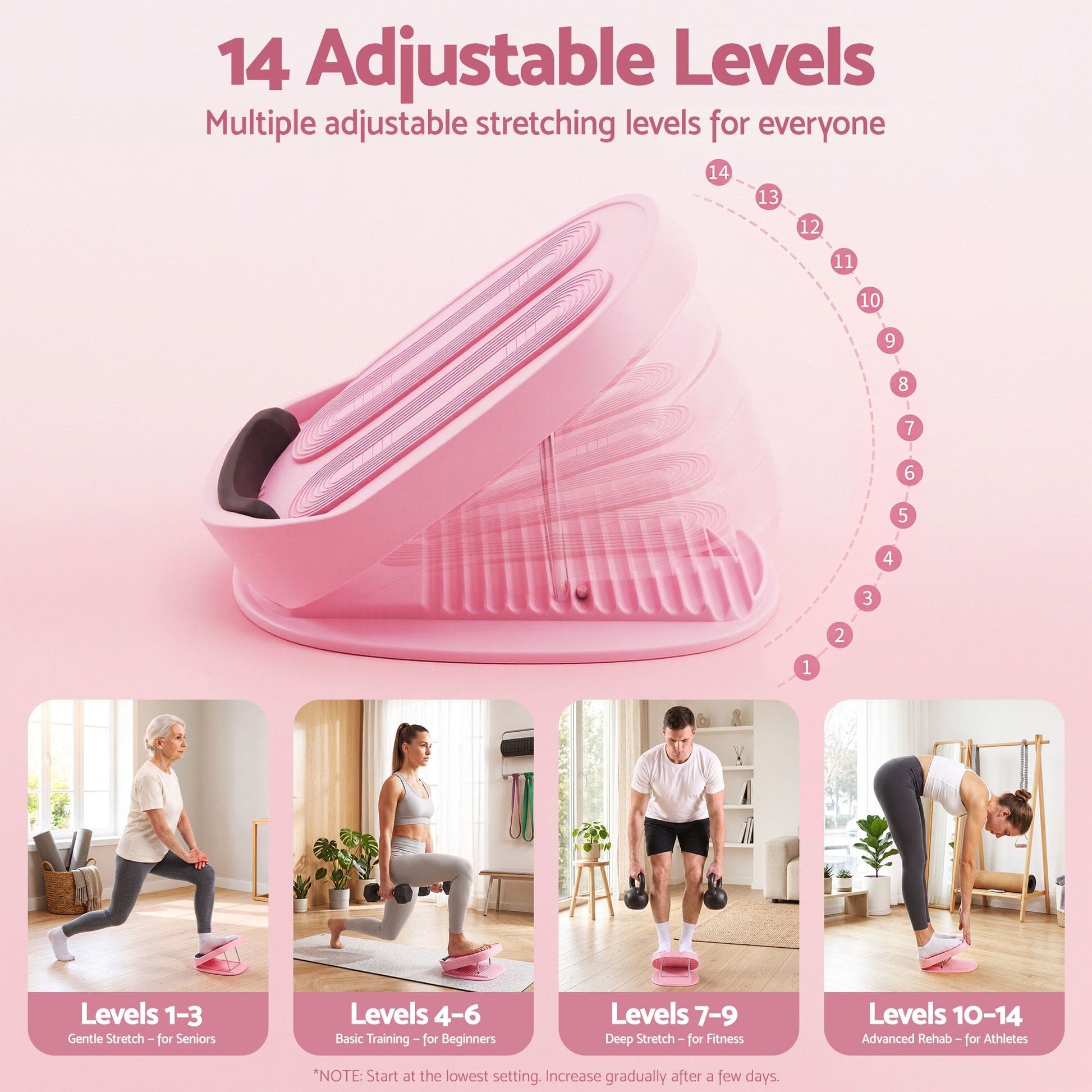 Alona.com.au Sports & Fitness > Exercise, Gym & Fitness > Gym Equipment & Accessories Everfit Slant Board, Balance Board, 14-Level Adjustable Incline Calf Stretcher for Stretching, Squats and Home Fitness Pink