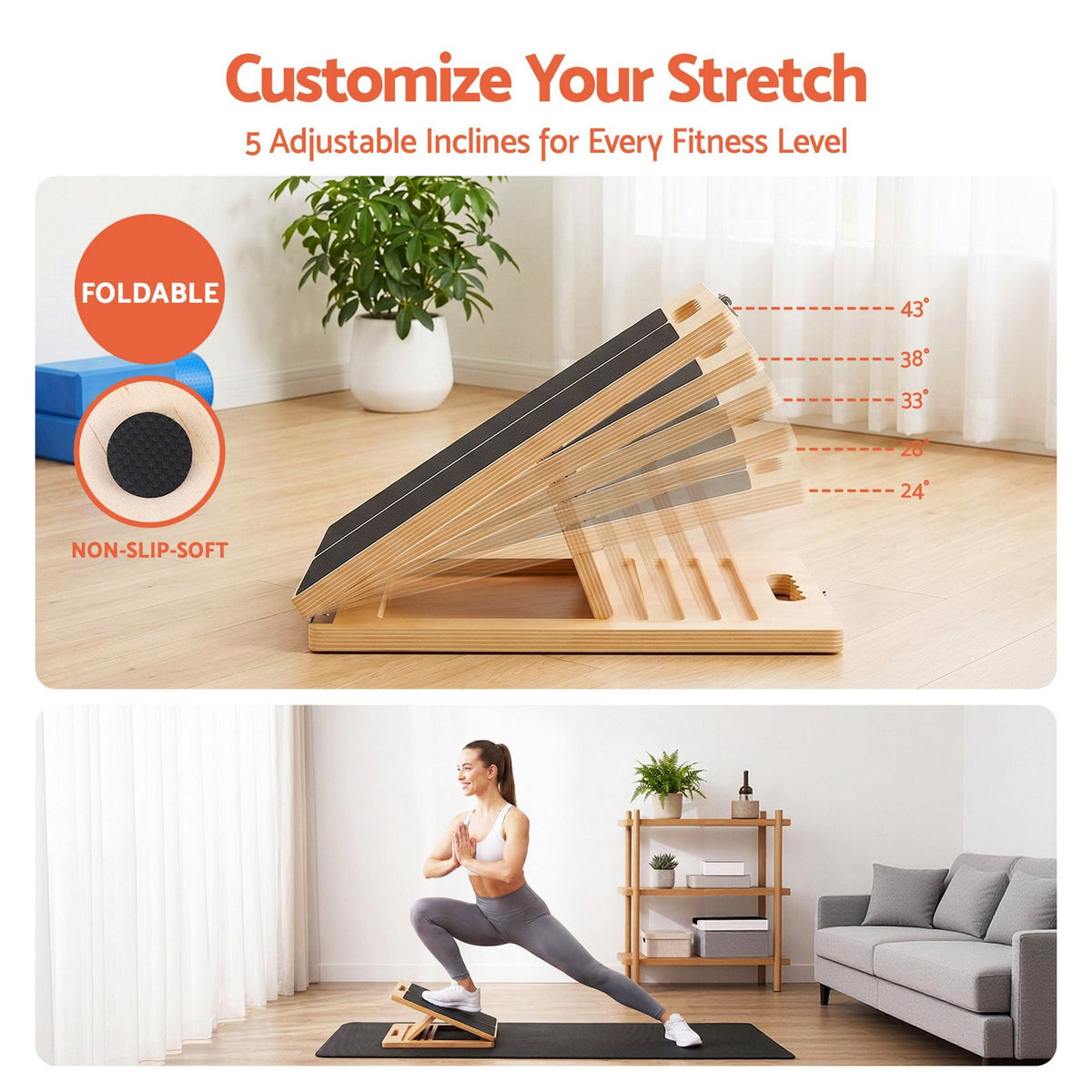 Alona.com.au Sports & Fitness > Exercise, Gym & Fitness > Gym Equipment & Accessories Everfit Wooden Slant Board for Squat & Calf Stretch 5 Angle Foldable Home Gym