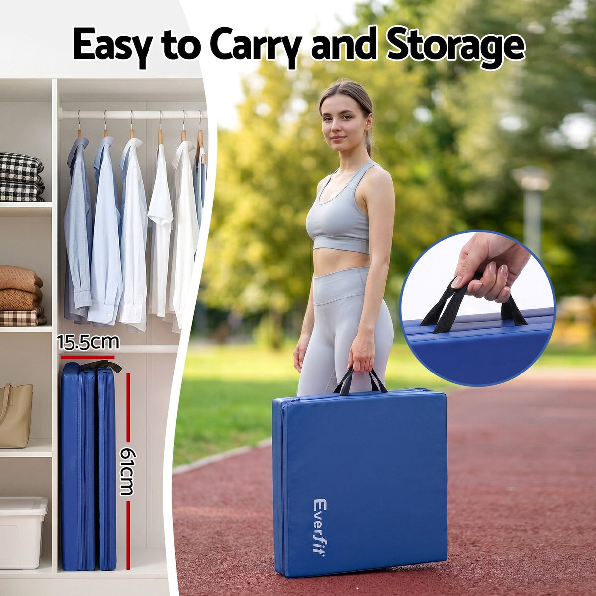 Alona.com.au Sports & Fitness > Exercise, Gym & Fitness > Gymnastics Everfit 180x60cm Gymnastics Mats Folding Exercise Floor Mat Portable 3 Fold Tumbling Mat Blue