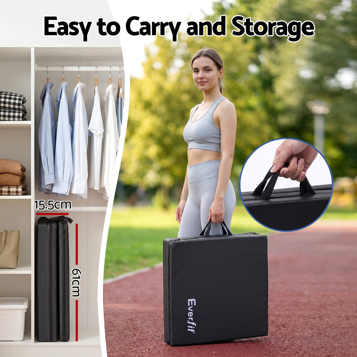 Alona.com.au Sports & Fitness > Exercise, Gym & Fitness > Gymnastics Everfit Gymnastics Mats Folding Exercise Floor Mat Portable 3 Fold Tumbling Mat Black