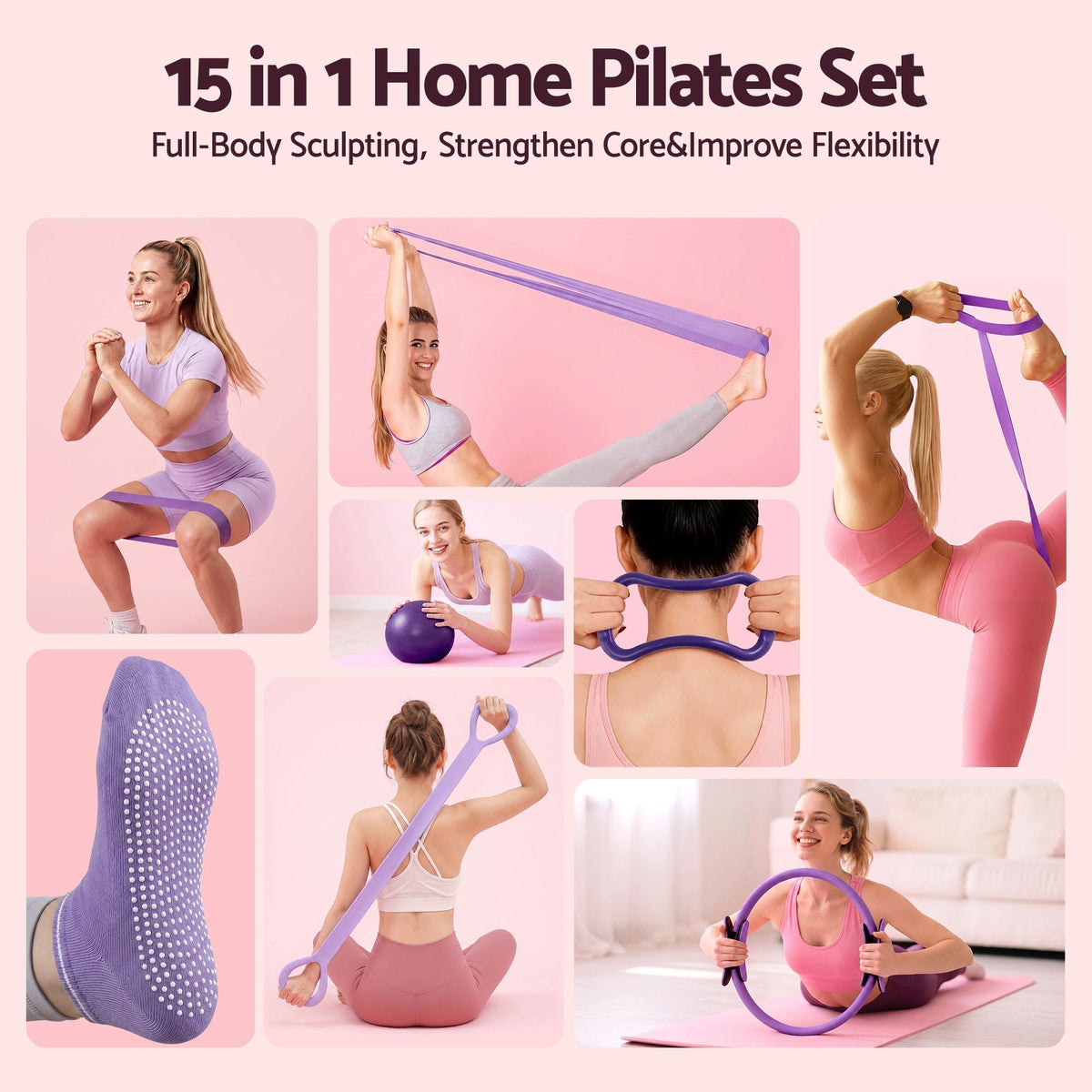Alona.com.au Sports & Fitness > Exercise, Gym & Fitness > Yoga & Pilates Everfit Pilates Ring Set for Women, 15pcs Home Workout Pilates Equipment with Ring, Ball, Yoga Socks, D-Ring etc. Pilates Starter Kit for Strength, Toning and Flexibility Purple