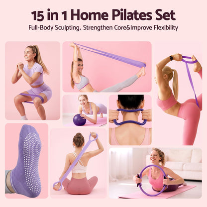 Alona.com.au Sports & Fitness > Exercise, Gym & Fitness > Yoga & Pilates Everfit Pilates Ring Set for Women, 15pcs Home Workout Pilates Equipment with Ring, Ball, Yoga Socks, D-Ring etc. Pilates Starter Kit for Strength, Toning and Flexibility Purple