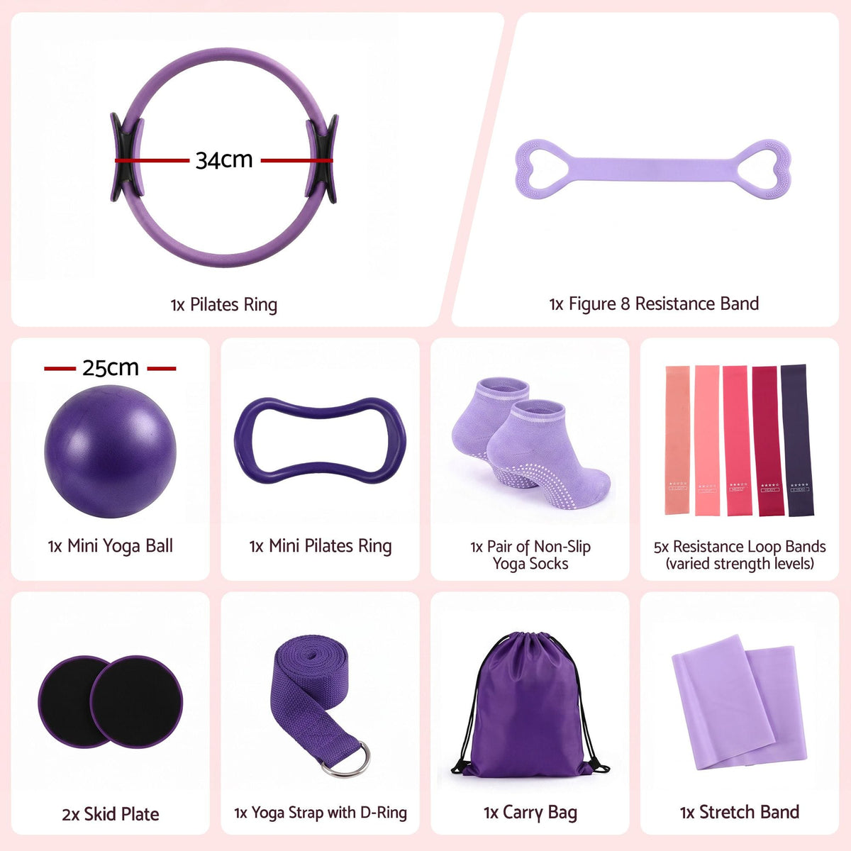 Alona.com.au Sports & Fitness > Exercise, Gym & Fitness > Yoga & Pilates Everfit Pilates Ring Set for Women, 15pcs Home Workout Pilates Equipment with Ring, Ball, Yoga Socks, D-Ring etc. Pilates Starter Kit for Strength, Toning and Flexibility Purple