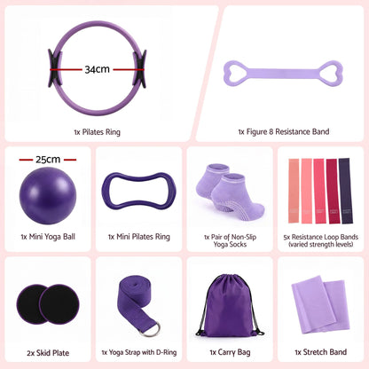 Alona.com.au Sports & Fitness > Exercise, Gym & Fitness > Yoga & Pilates Everfit Pilates Ring Set for Women, 15pcs Home Workout Pilates Equipment with Ring, Ball, Yoga Socks, D-Ring etc. Pilates Starter Kit for Strength, Toning and Flexibility Purple