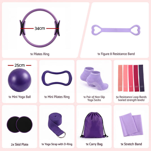 Alona.com.au Sports & Fitness > Exercise, Gym & Fitness > Yoga & Pilates Everfit Pilates Ring Set for Women, 15pcs Home Workout Pilates Equipment with Ring, Ball, Yoga Socks, D-Ring etc. Pilates Starter Kit for Strength, Toning and Flexibility Purple