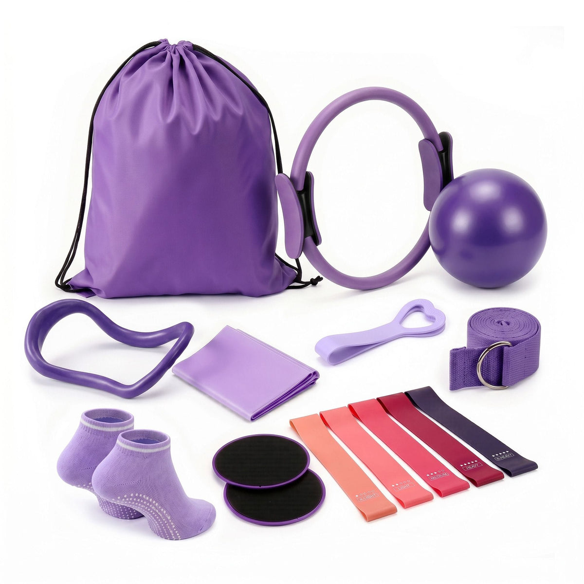 Alona.com.au Sports & Fitness > Exercise, Gym & Fitness > Yoga & Pilates Everfit Pilates Ring Set for Women, 15pcs Home Workout Pilates Equipment with Ring, Ball, Yoga Socks, D-Ring etc. Pilates Starter Kit for Strength, Toning and Flexibility Purple