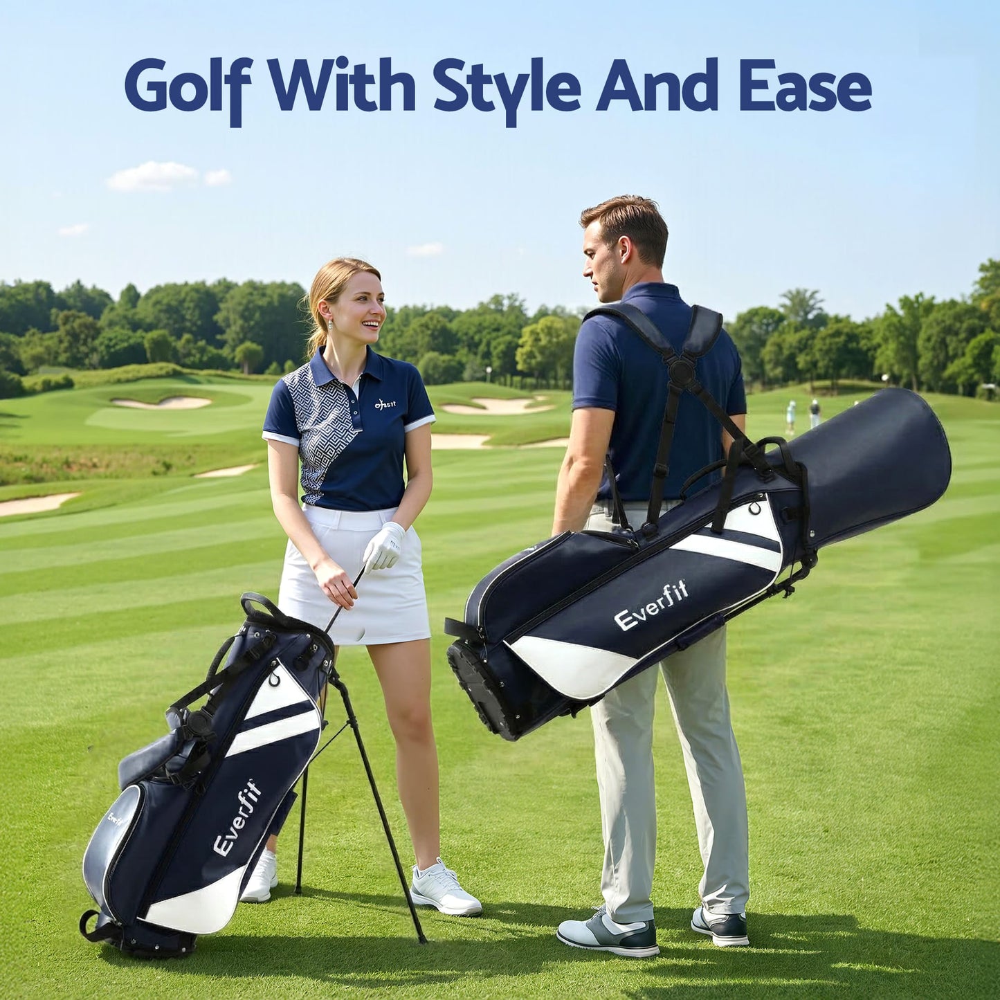 Alona.com.au Sports & Fitness > Golf > Golf Accessories Everfit Golf Stand Bag Lightweight Carry Bag Dual Strap Club Divider Blue