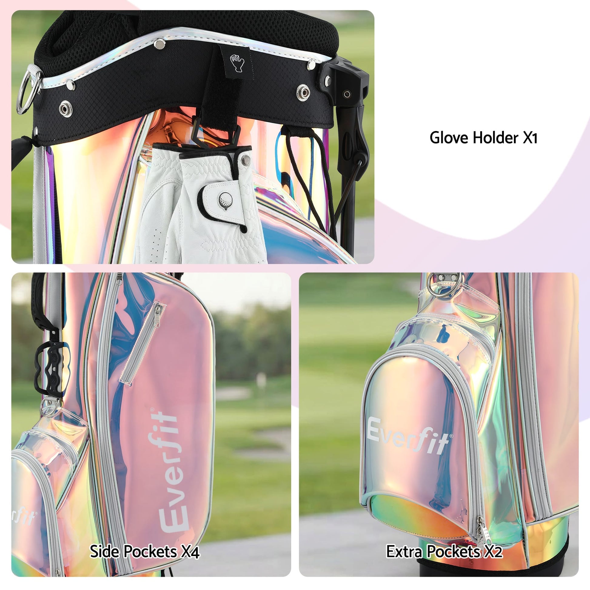 Alona.com.au Sports & Fitness > Golf > Golf Accessories Everfit Golf Stand Bag Lightweight Carry Bag Dual Strap Club Divider Holographic