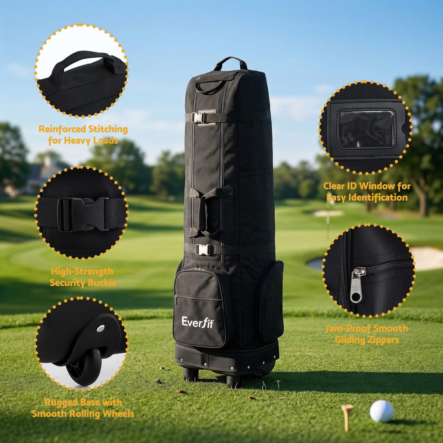 Alona.com.au Sports & Fitness > Golf > Golf Accessories Everfit Golf Travel Bag Flight Cover Foldable Soft Case Wheels Black
