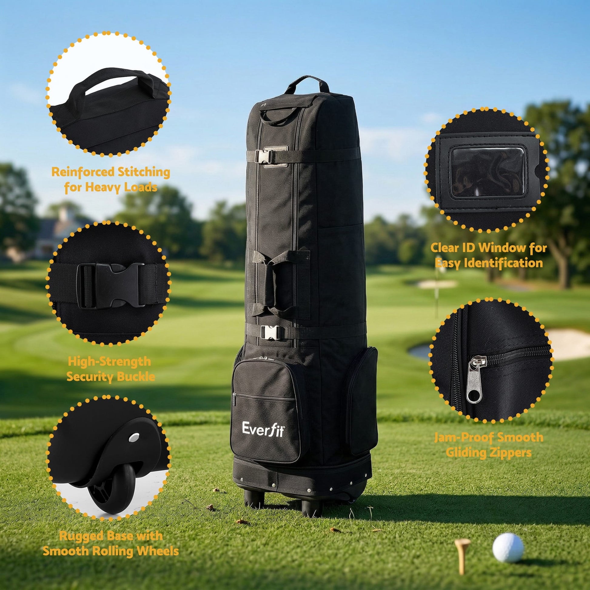 Alona.com.au Sports & Fitness > Golf > Golf Accessories Everfit Golf Travel Bag Flight Cover Foldable Soft Case Wheels Black