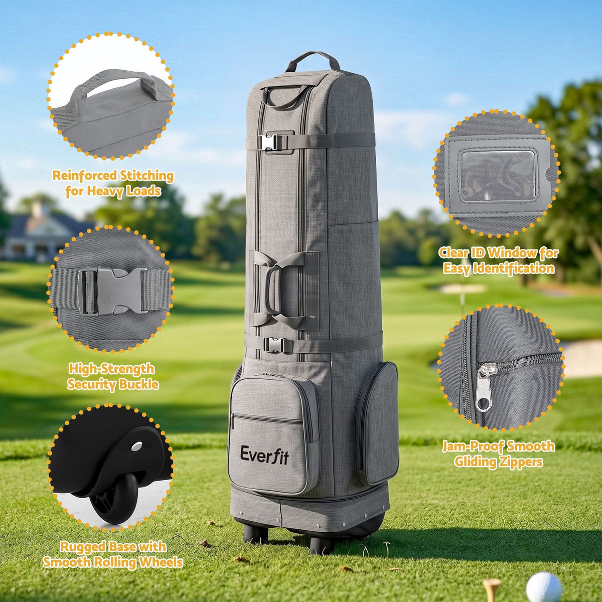 Alona.com.au Sports & Fitness > Golf > Golf Accessories Everfit Golf Travel Bag Flight Cover Foldable Soft Case Wheels Grey