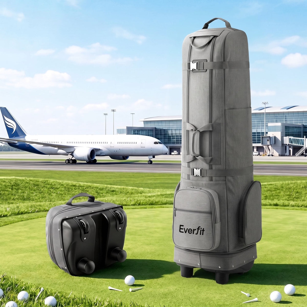 Alona.com.au Sports & Fitness > Golf > Golf Accessories Everfit Golf Travel Bag Flight Cover Foldable Soft Case Wheels Grey