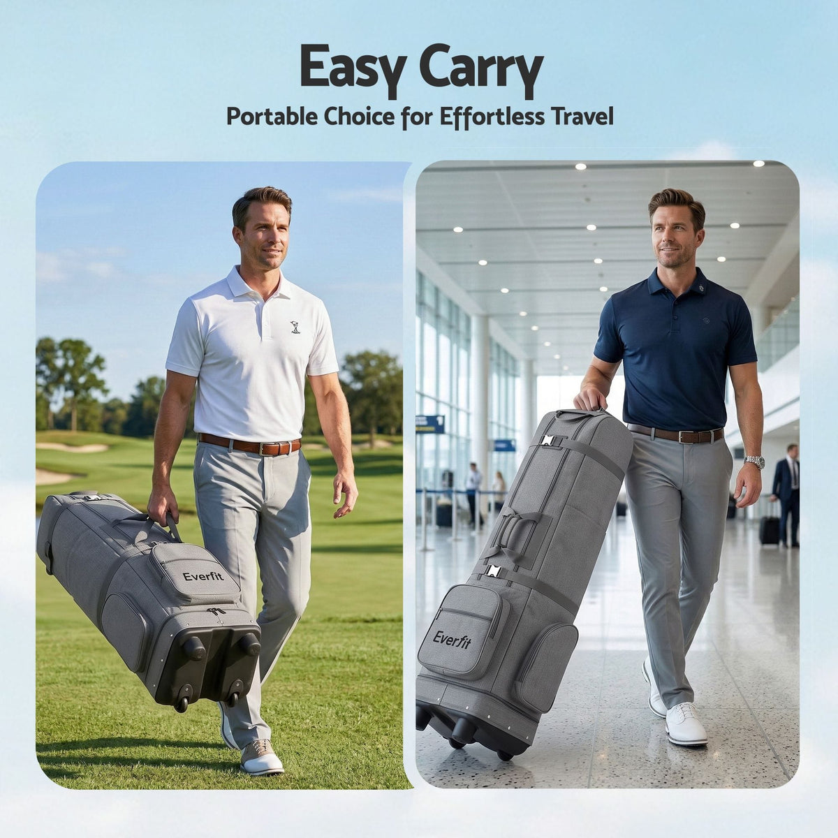 Alona.com.au Sports & Fitness > Golf > Golf Accessories Everfit Golf Travel Bag Flight Cover Foldable Soft Case Wheels Grey
