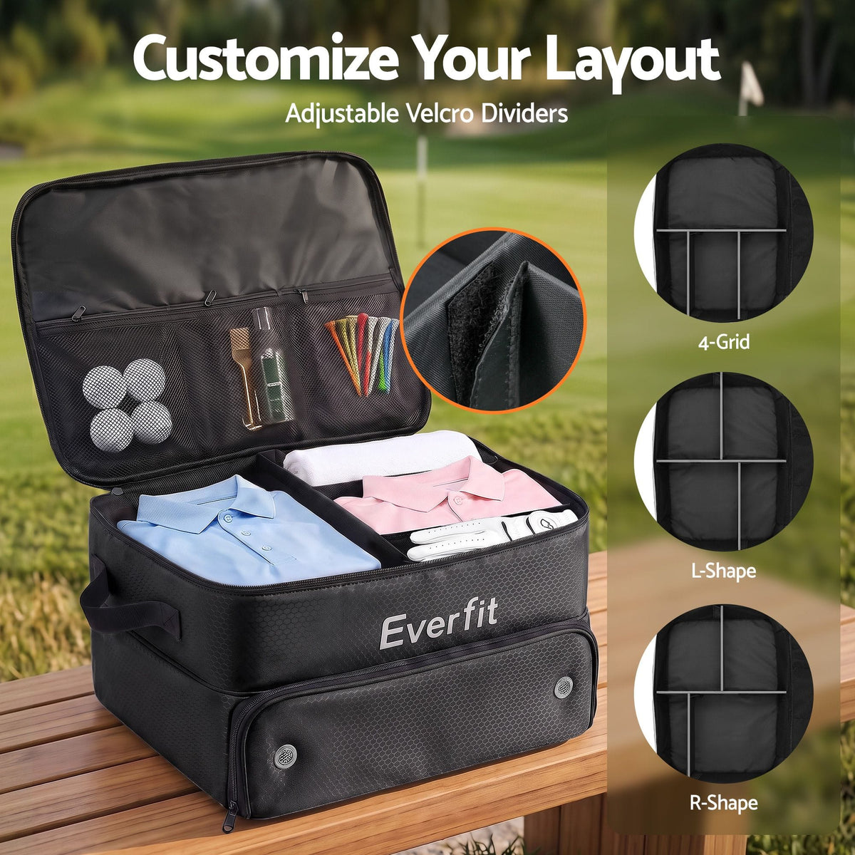 Alona.com.au Sports & Fitness > Golf > Golf Accessories Everfit Golf Trunk Organizer for Car, 2-Tier Golf Storage Bag with Ventilated Shoe Compartment Black