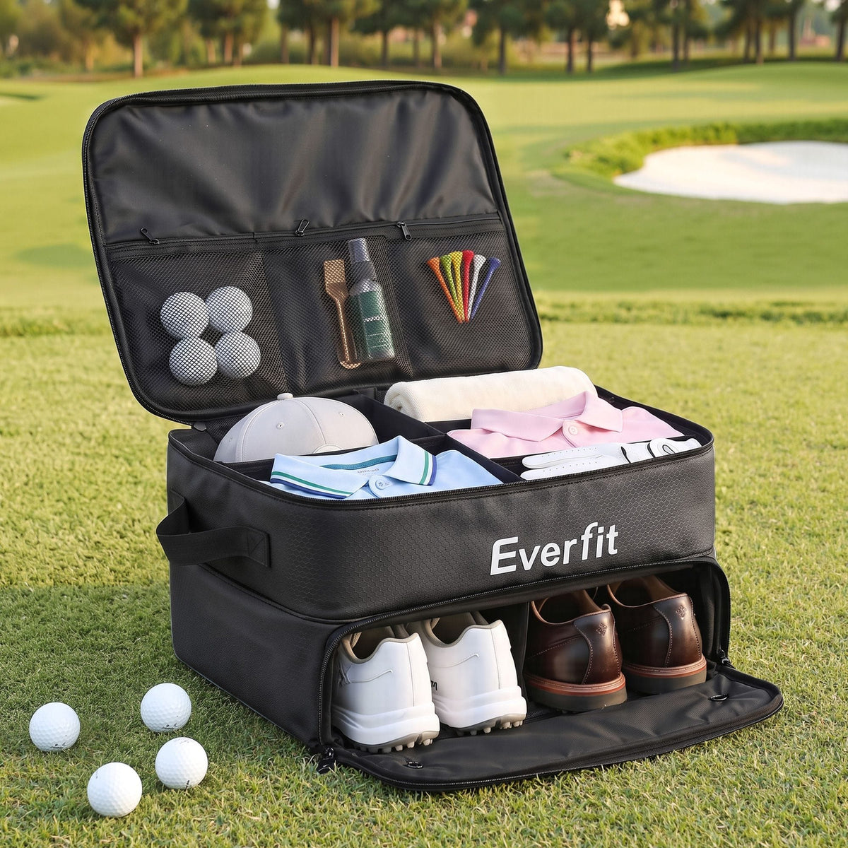 Alona.com.au Sports & Fitness > Golf > Golf Accessories Everfit Golf Trunk Organizer for Car, 2-Tier Golf Storage Bag with Ventilated Shoe Compartment Black