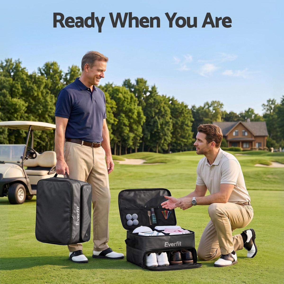 Alona.com.au Sports & Fitness > Golf > Golf Accessories Everfit Golf Trunk Organizer for Car, 2-Tier Golf Storage Bag with Ventilated Shoe Compartment Black