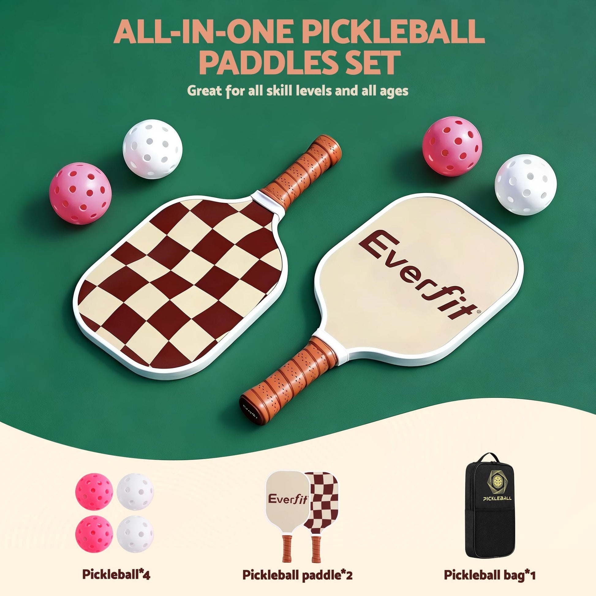 Alona.com.au Sports & Fitness > Racquet Sports > Pickleball Everfit Pickleball Paddle Set Fibreglass Racquet Honeycomb Core With Bag Brown