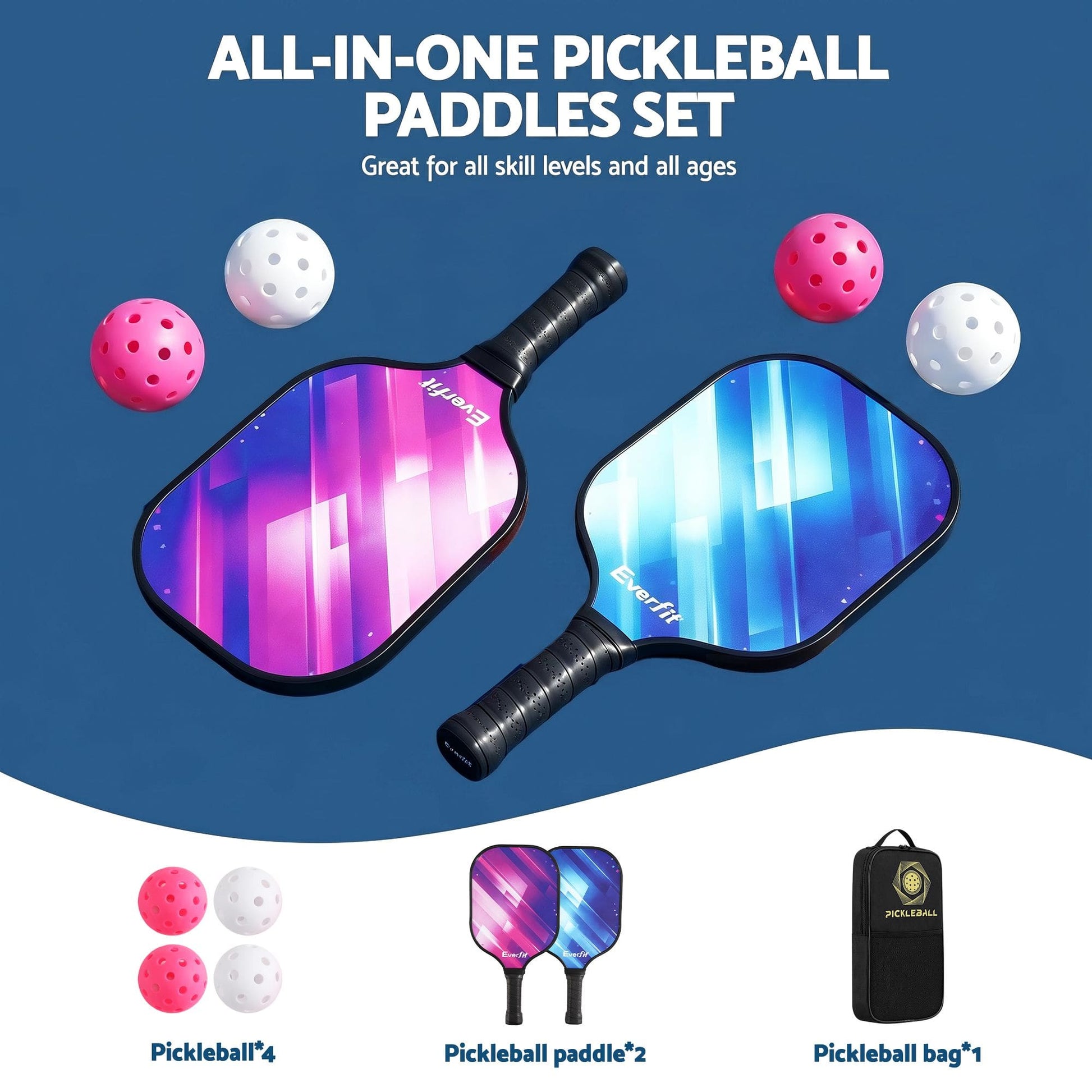 Alona.com.au Sports & Fitness > Racquet Sports > Pickleball Everfit Pickleball Paddle Set Fibreglass Racquet Honeycomb Core With Bag