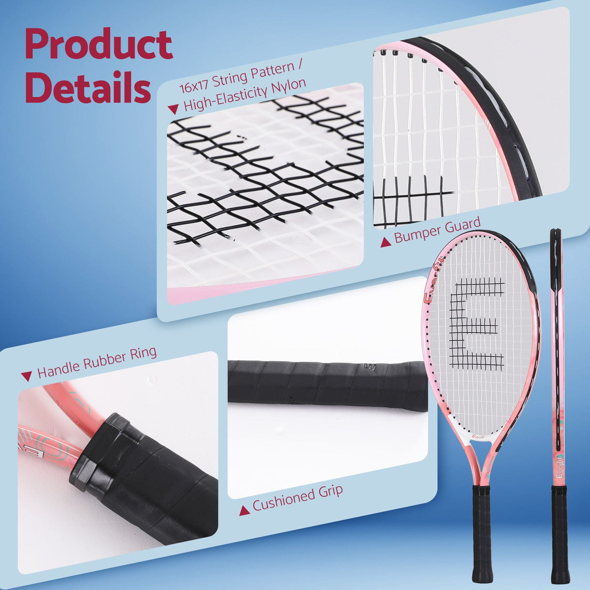 Alona.com.au Sports & Fitness > Racquet Sports > Tennis Everfit 23 Inch Tennis Racket Set of 2 Pack Lightweight Cushioned Grip Pink
