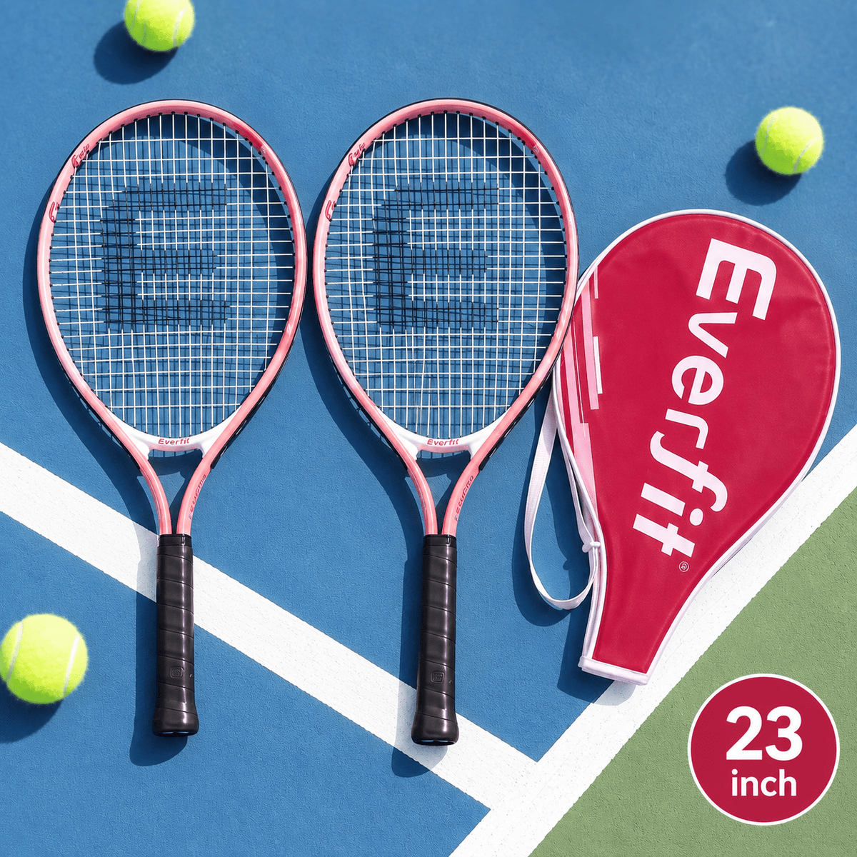 Alona.com.au Sports & Fitness > Racquet Sports > Tennis Everfit 23 Inch Tennis Racket Set of 2 Pack Lightweight Cushioned Grip Pink