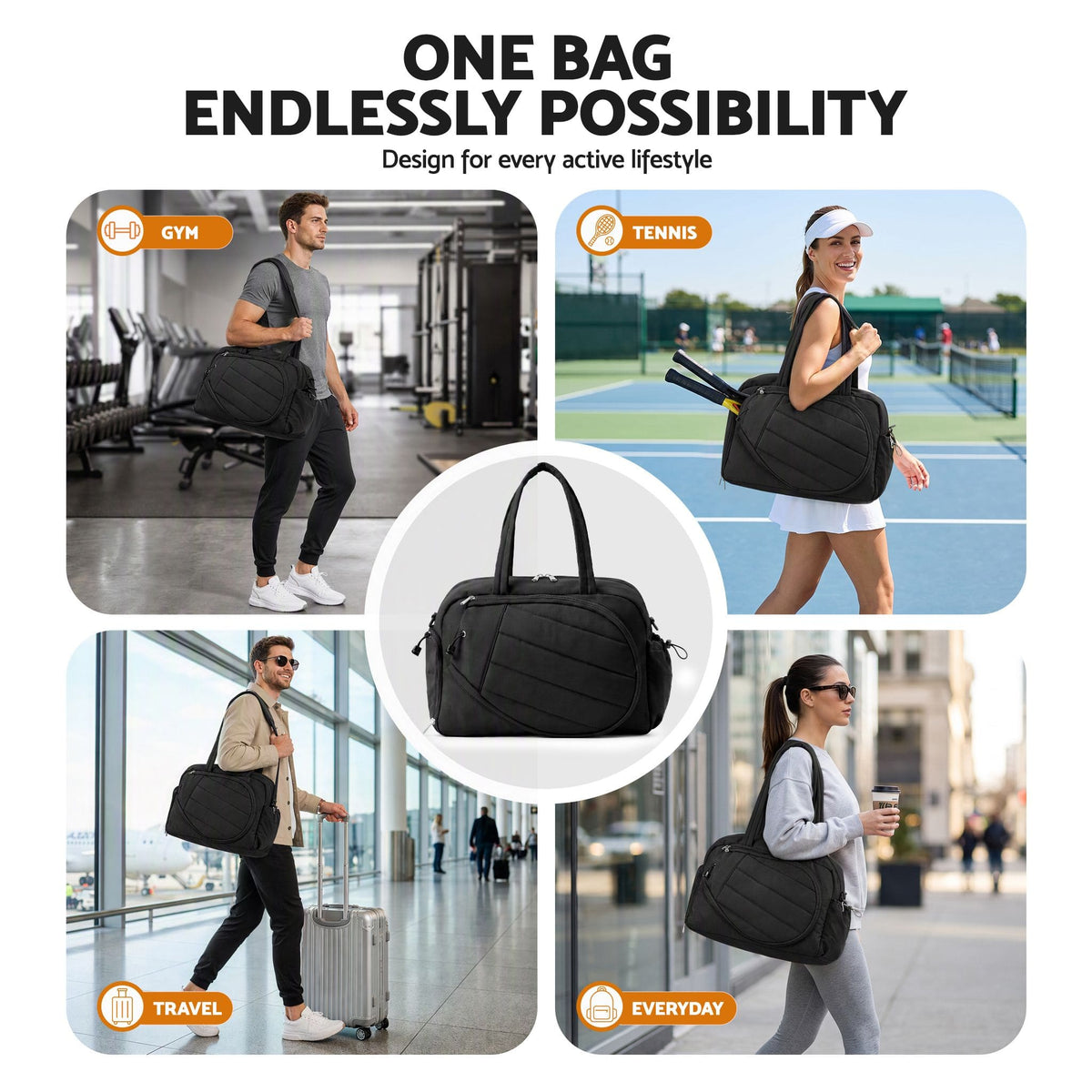 Alona.com.au Sports & Fitness > Racquet Sports > Tennis Everfit Tennis Tote Bag Gym Bag Sports Duffle Bags Holds 2 Rackets Black
