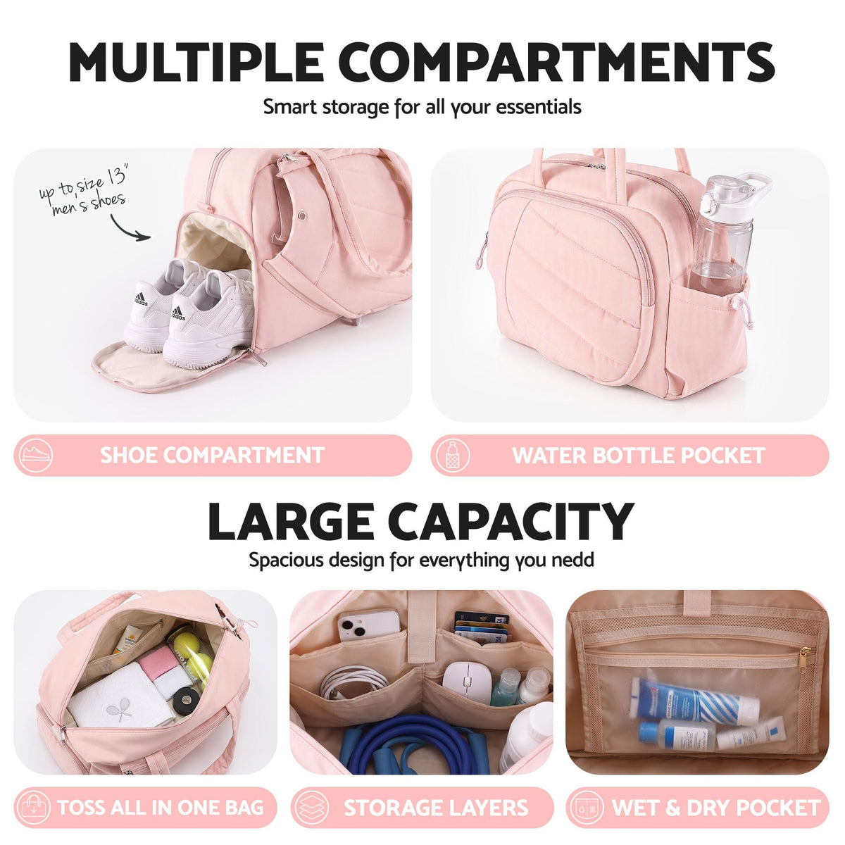Alona.com.au Sports & Fitness > Racquet Sports > Tennis Everfit Tennis Tote Bag Gym Bag Sports Duffle Bags Holds 2 Rackets Pink