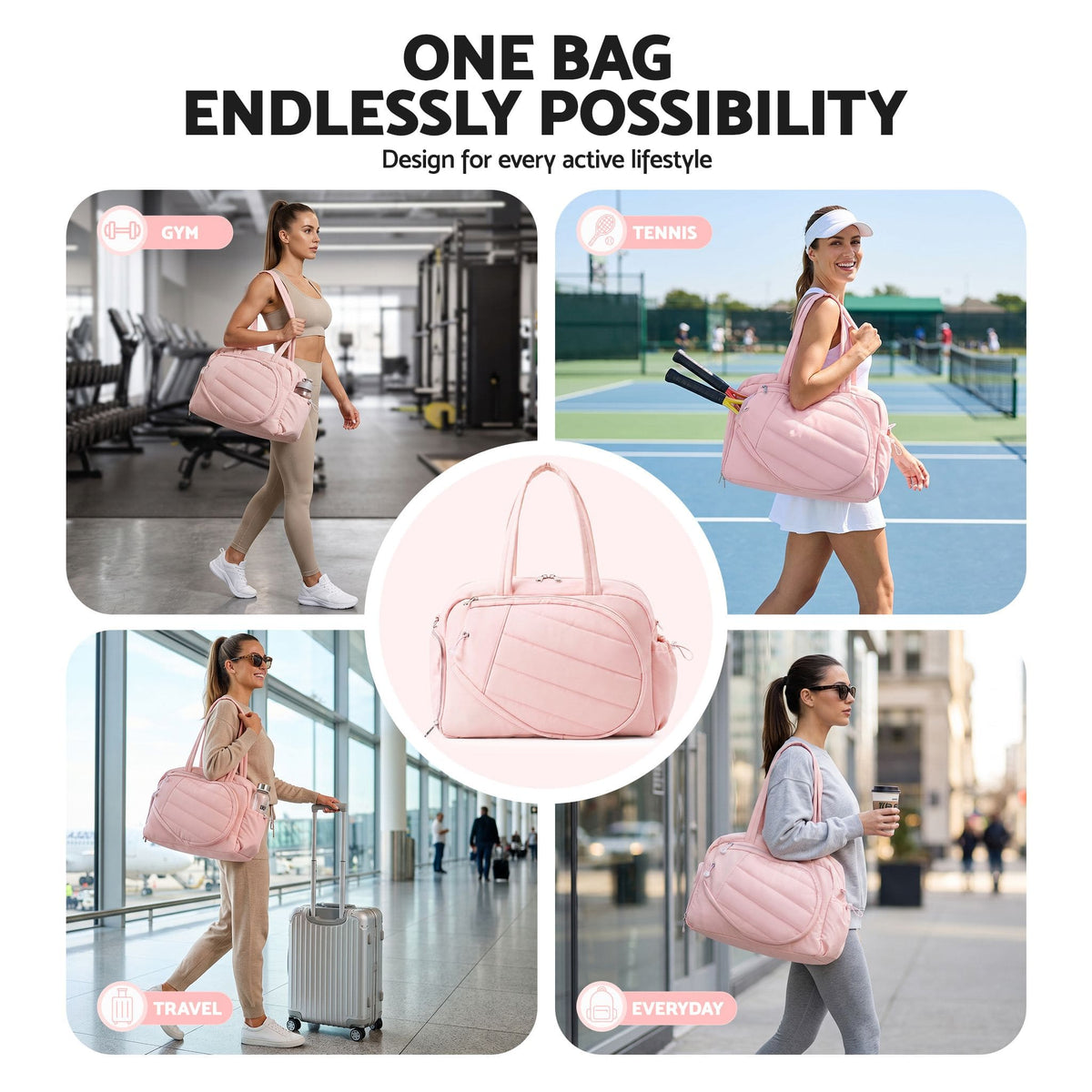Alona.com.au Sports & Fitness > Racquet Sports > Tennis Everfit Tennis Tote Bag Gym Bag Sports Duffle Bags Holds 2 Rackets Pink