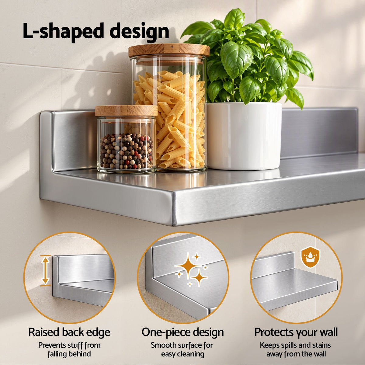 Alona.com.au Tools > Tools Storage > Wall Storage Racks Cefito 610 x 220mm 430 Stainless Steel L-Shaped Kitchen Wall Shelf