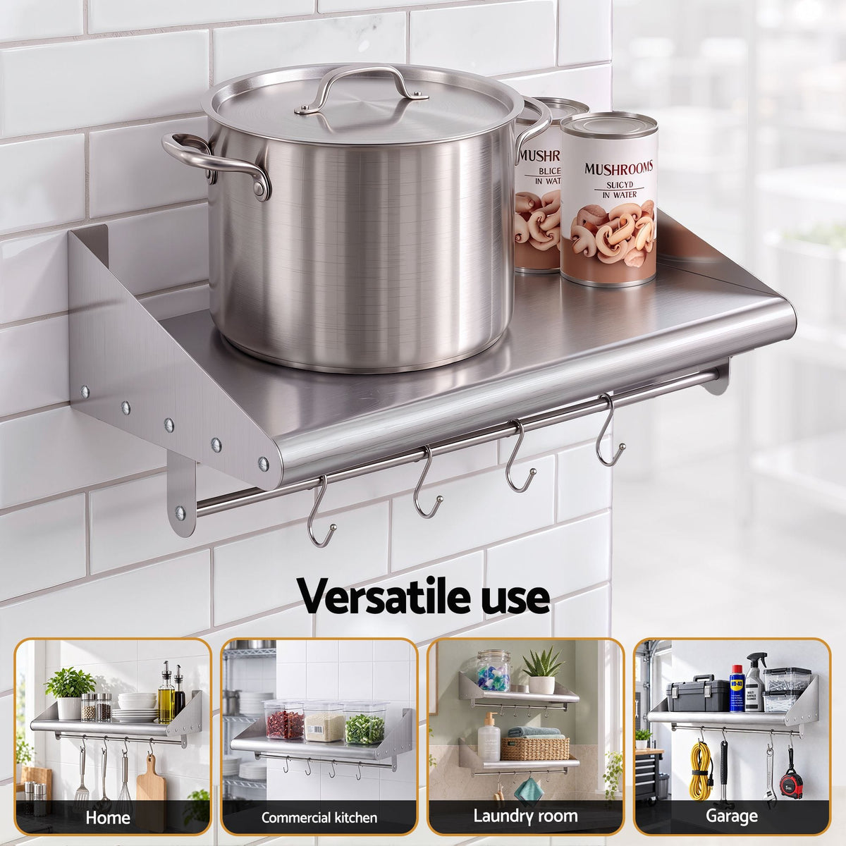 Alona.com.au Tools > Tools Storage > Wall Storage Racks Cefito 610mm 430 Stainless Steel Wall Shelf with Hooks and Side Guards