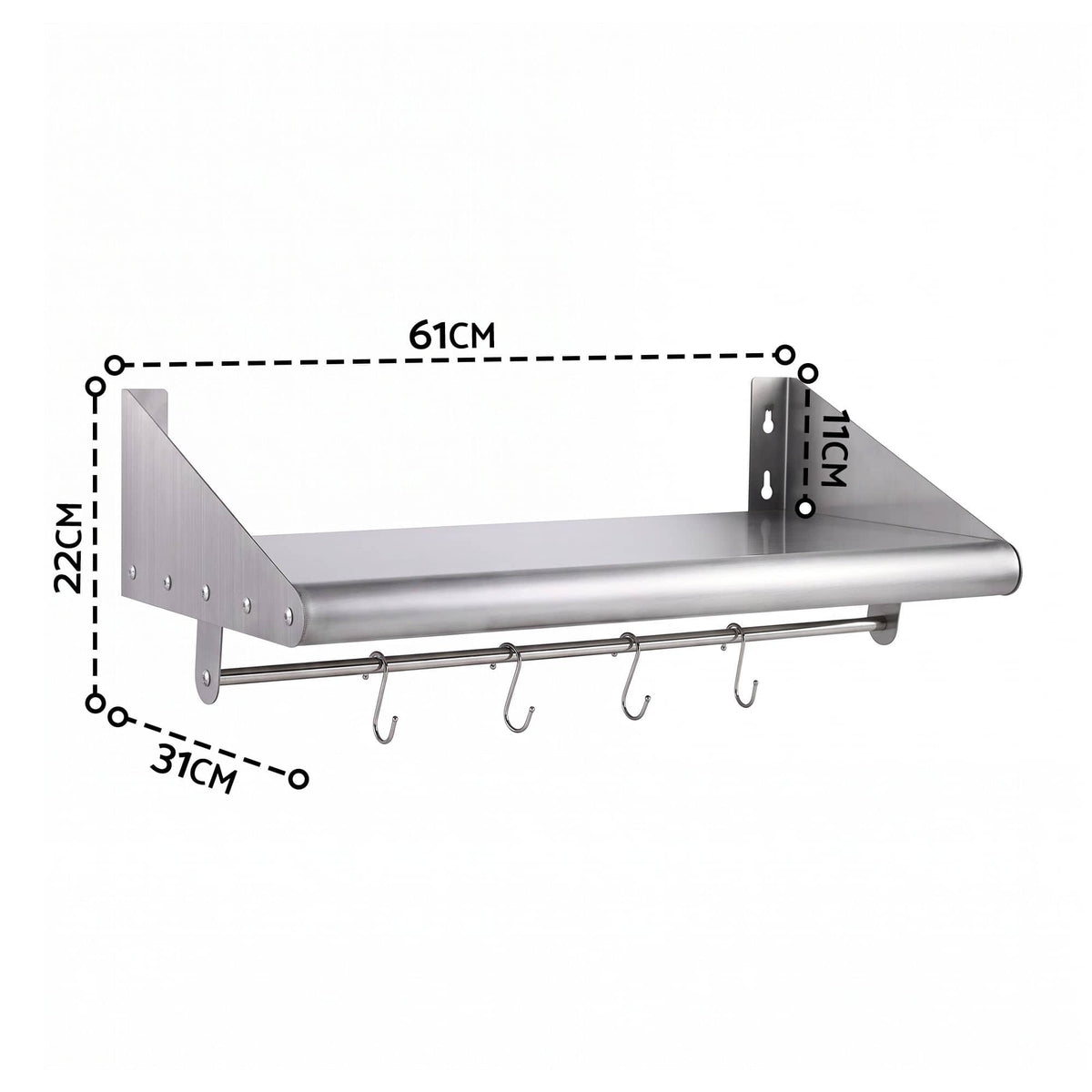 Alona.com.au Tools > Tools Storage > Wall Storage Racks Cefito 610mm 430 Stainless Steel Wall Shelf with Hooks and Side Guards