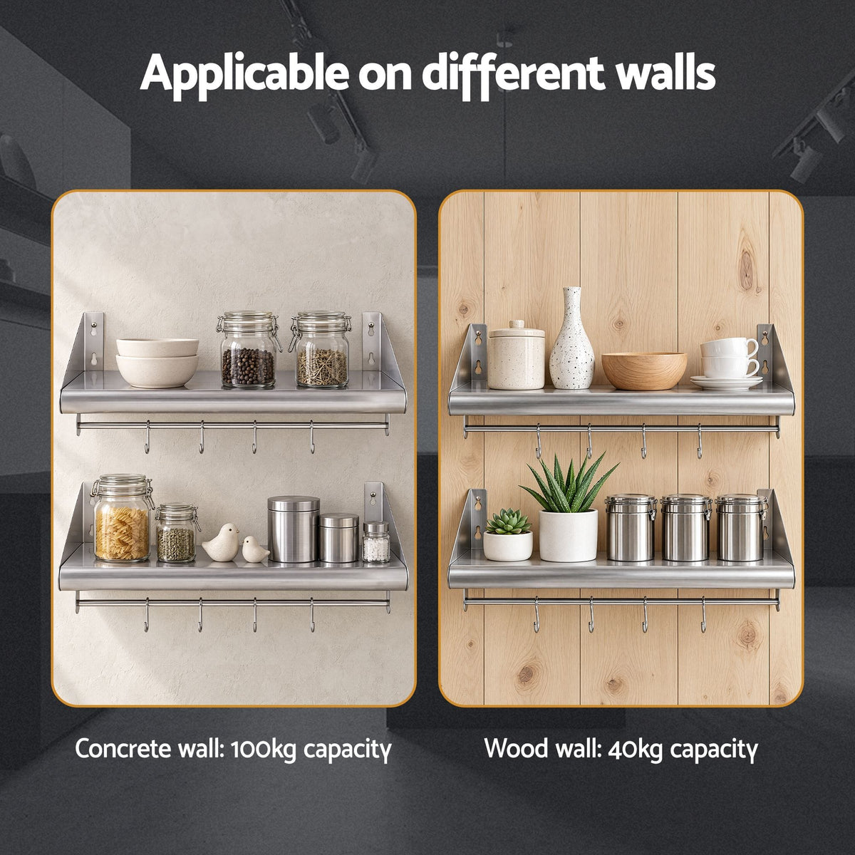Alona.com.au Tools > Tools Storage > Wall Storage Racks Cefito 610mm 430 Stainless Steel Wall Shelf with Hooks and Side Guards