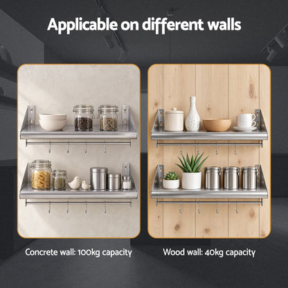 Alona.com.au Tools > Tools Storage > Wall Storage Racks Cefito 610mm 430 Stainless Steel Wall Shelf with Hooks and Side Guards