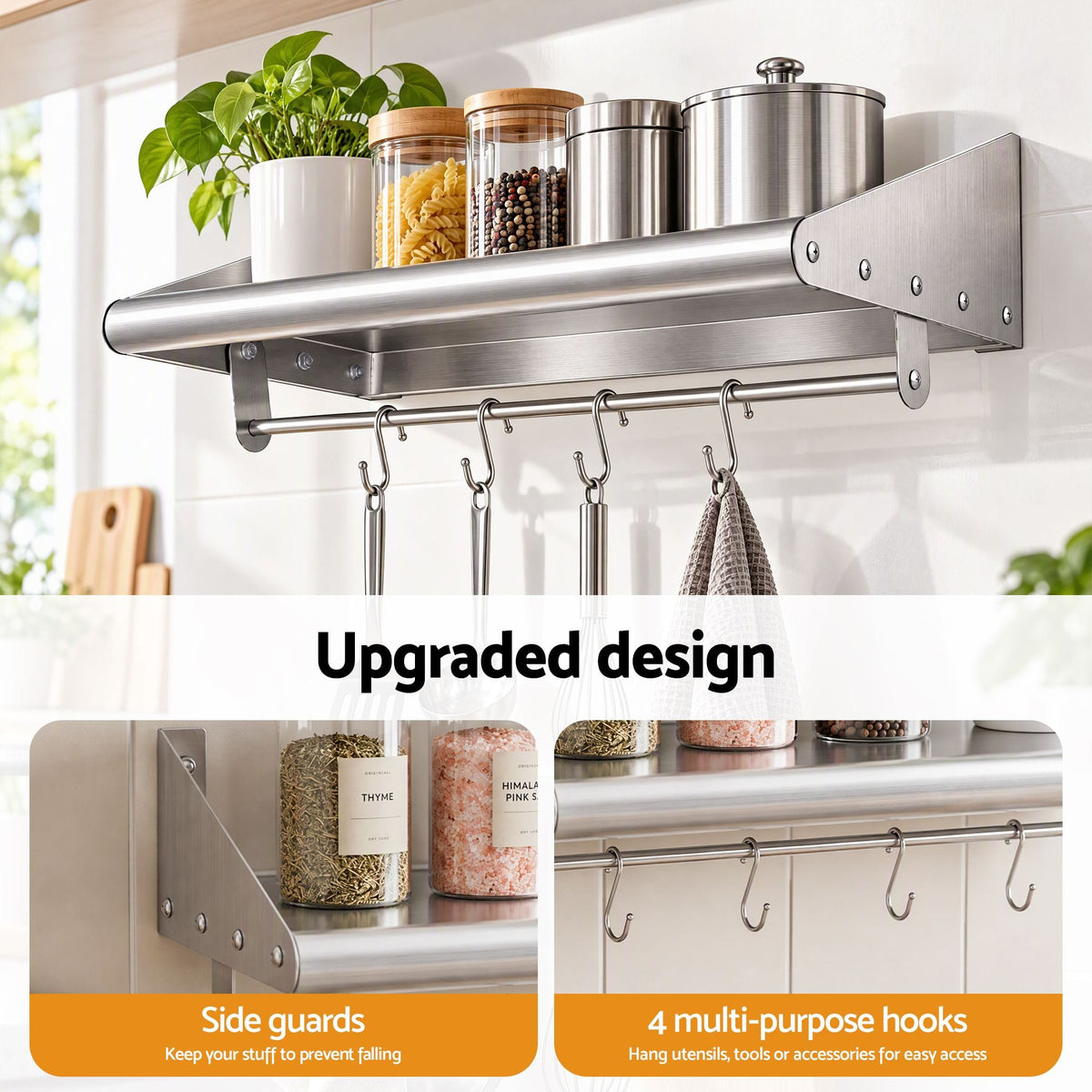 Alona.com.au Tools > Tools Storage > Wall Storage Racks Cefito 610mm 430 Stainless Steel Wall Shelf with Hooks and Side Guards